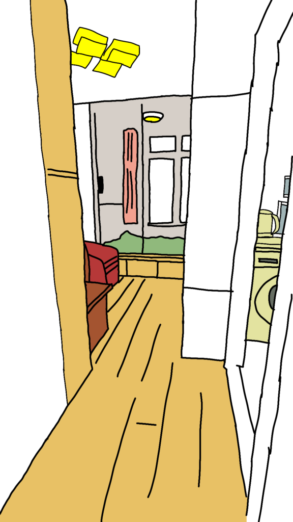 香港公営住宅のリアル 築浅家賃月額1450香港ドルの部屋を描くの公営住宅皇溢樓の玄関から部屋の奥を覗いた様子
出典私ミシェリー@HKGlossy.comによるペイント