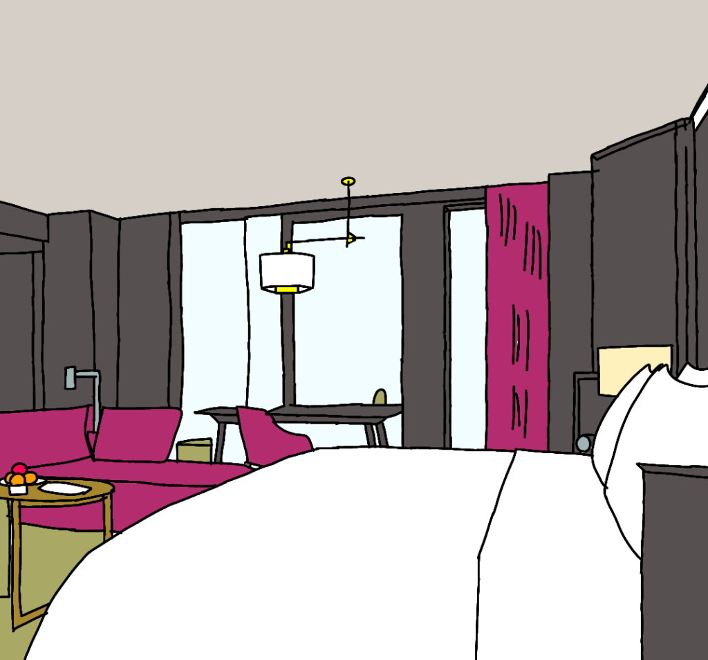 私ミシェリーが描いた、広州RoseWoodホテルラウンジ利用者用の客室の様子その２