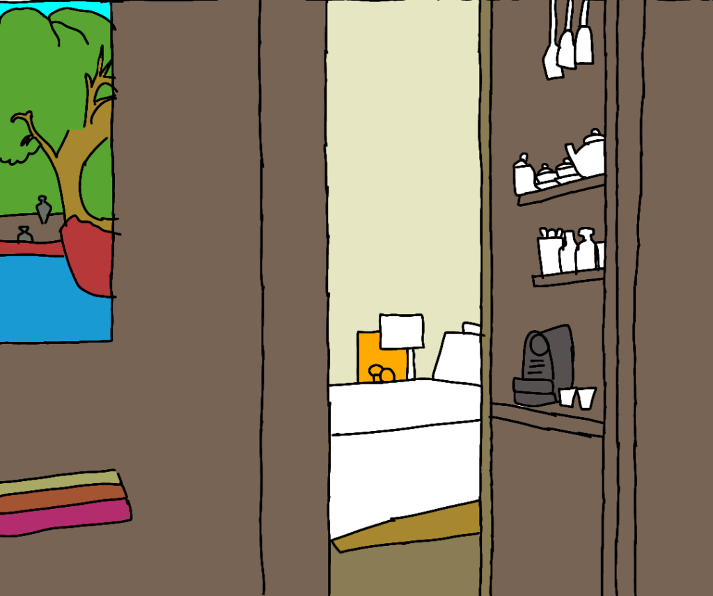 私ミシェリーが描いた、広州RoseWoodホテルラウンジ利用者用の客室の様子その１