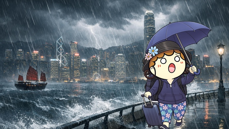 出典私ミシェリー@HKGlossy.comによるイラスト. ブログ「香港台風｜旅行で知っておくべきシグナルと対策法【現地在住者解説】」の第一章「香港台風｜2025年台風ラガサの被害」のアイキャッチ.ミシェリーが台風の威力と被害がすごかったと伝えている